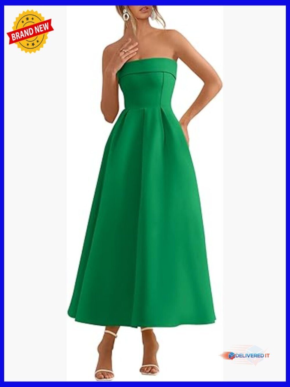 Strapless Tube Midi Dress with Pockets Elegant Formal Cocktail Guest
